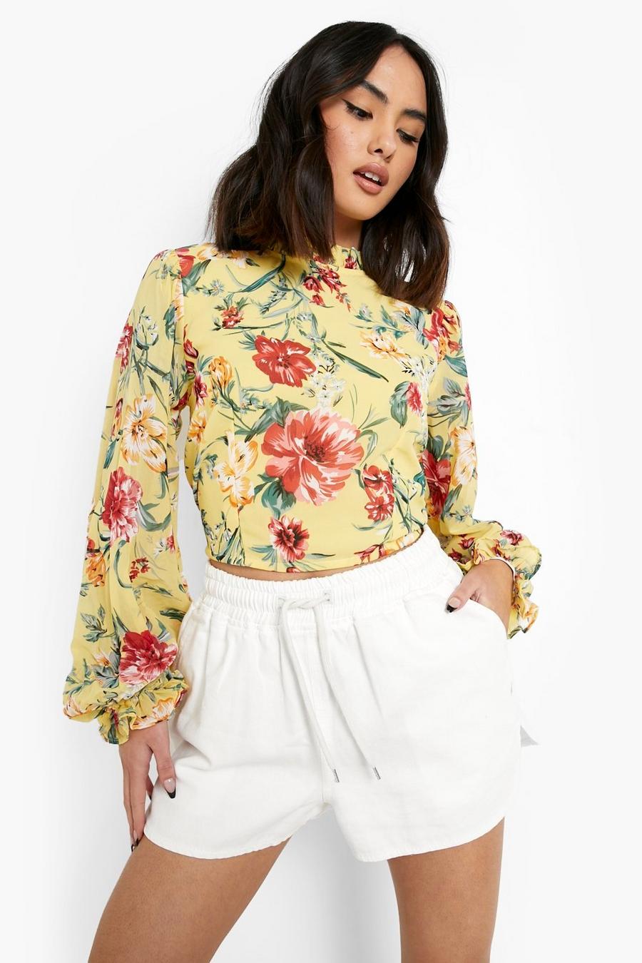 Yellow Floral Chiffon Open Back Ruffle Top image number 1