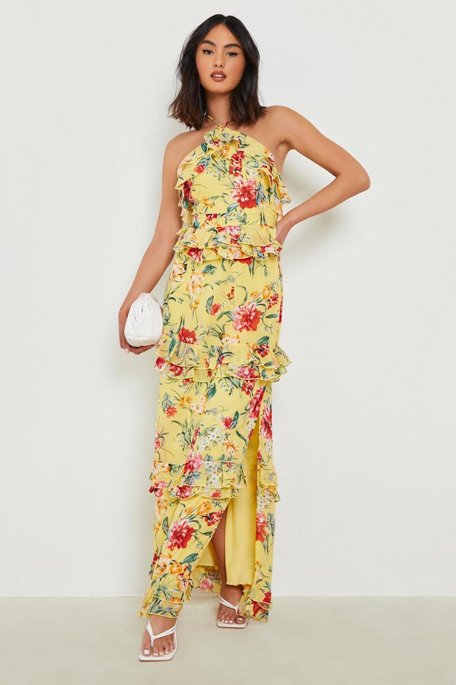 Yellow Floral Chiffon Tiered Ruffle Maxi Dress