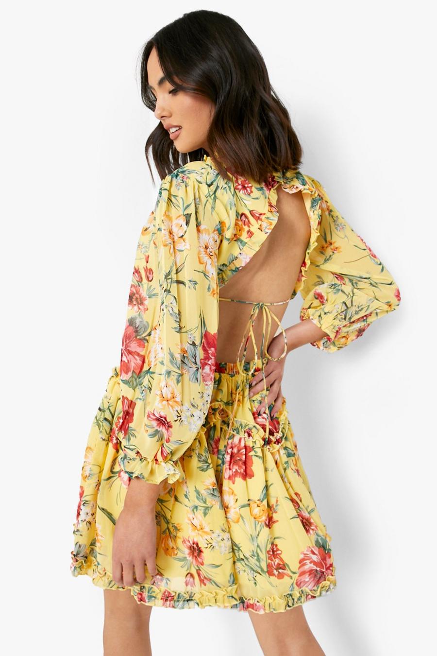 Yellow Floral Chiffon Open Back Skater Dress image number 1