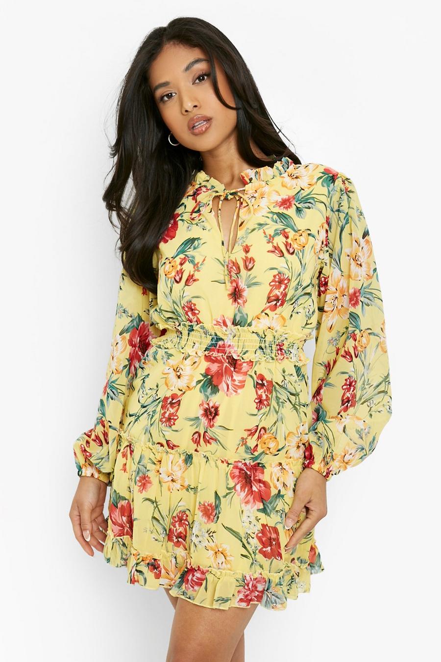 Yellow Petite Floral Chiffon Tie Neck Skater Dress image number 1