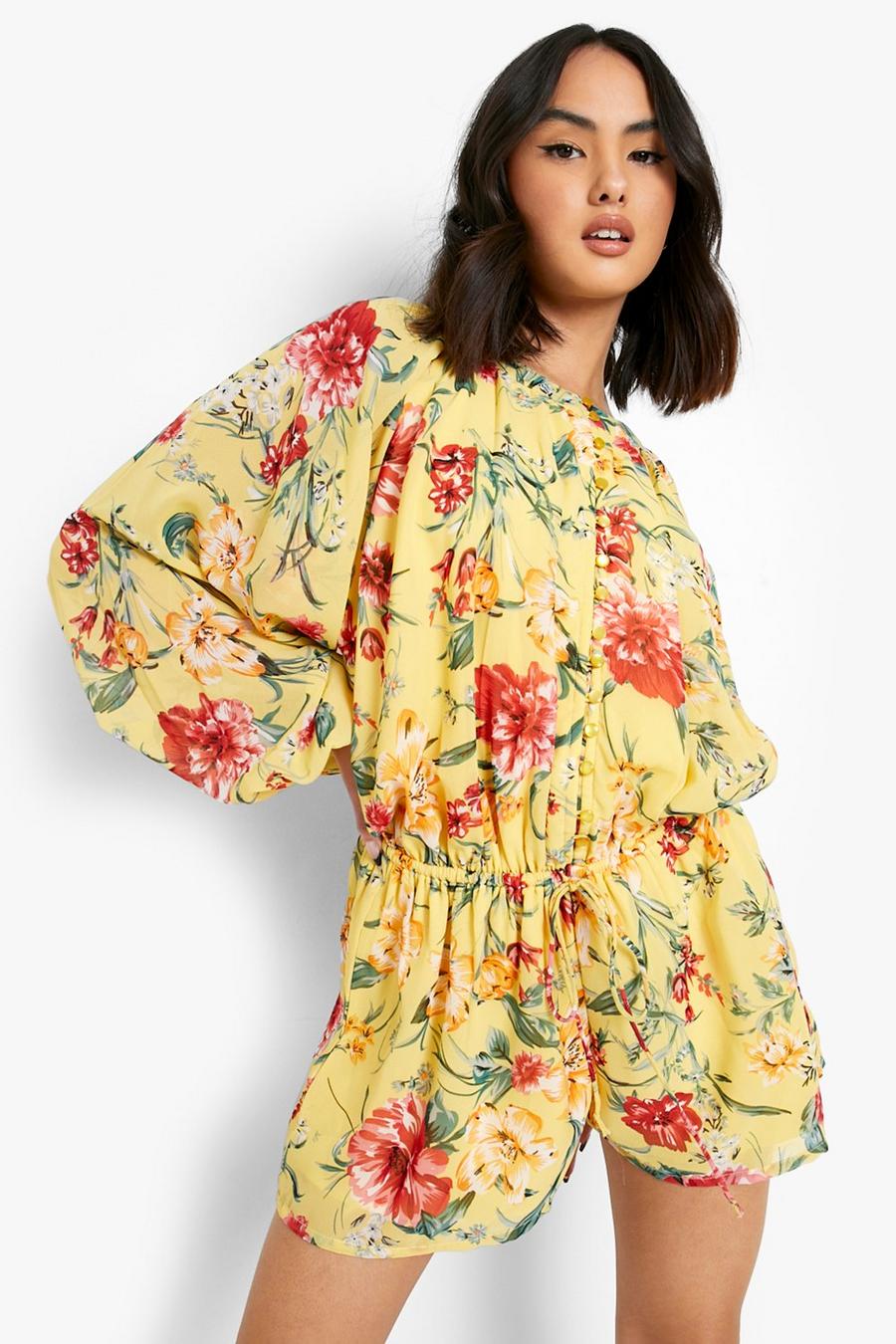 Yellow Floral Chiffon Button Down Playsuit image number 1