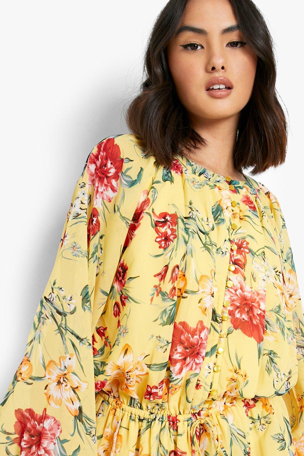 Boohoo Floral Chiffon Button Down Romper in Yellow Womens Clothing Jumpsuits and rompers Playsuits 