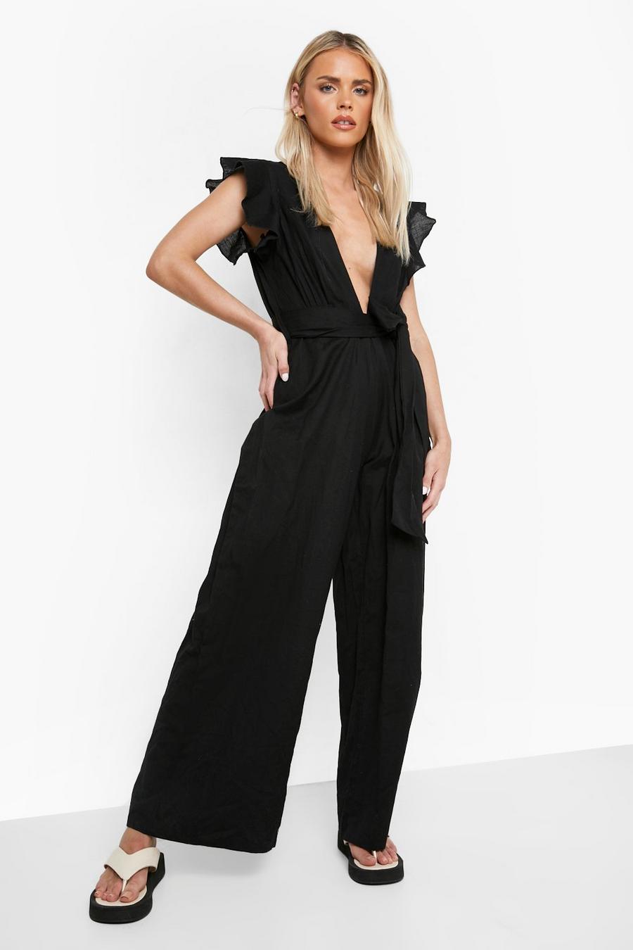 Black Petite Linen Look Plunge Ruffle Sleeve Jumpsuit image number 1