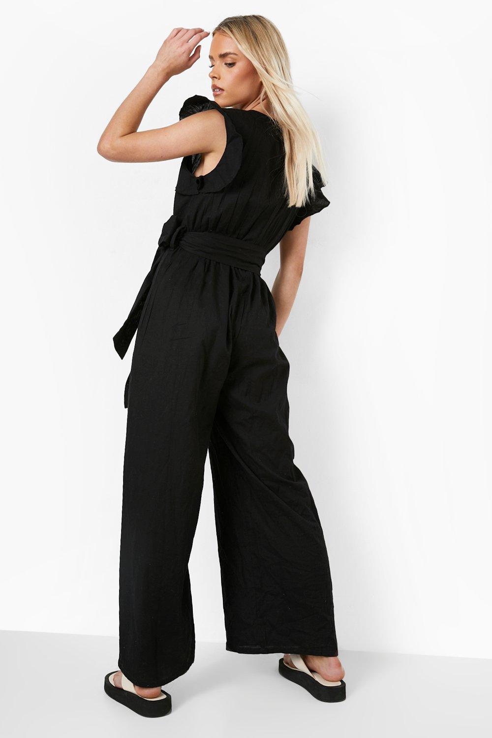 Petite Linen Look Plunge Ruffle Sleeve Jumpsuit boohoo NO