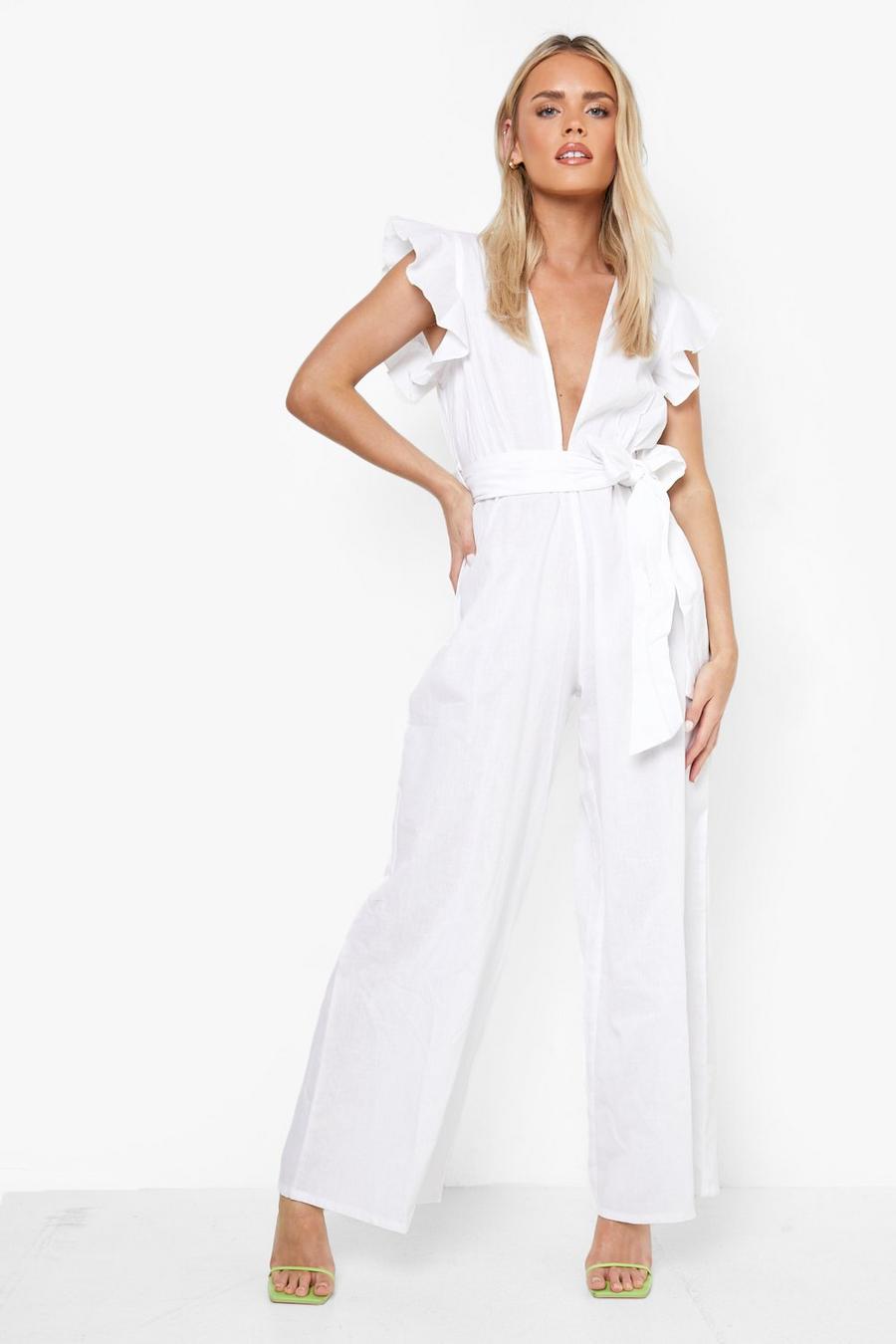 White Petite Linen Look Plunge Ruffle Sleeve Jumpsuit image number 1