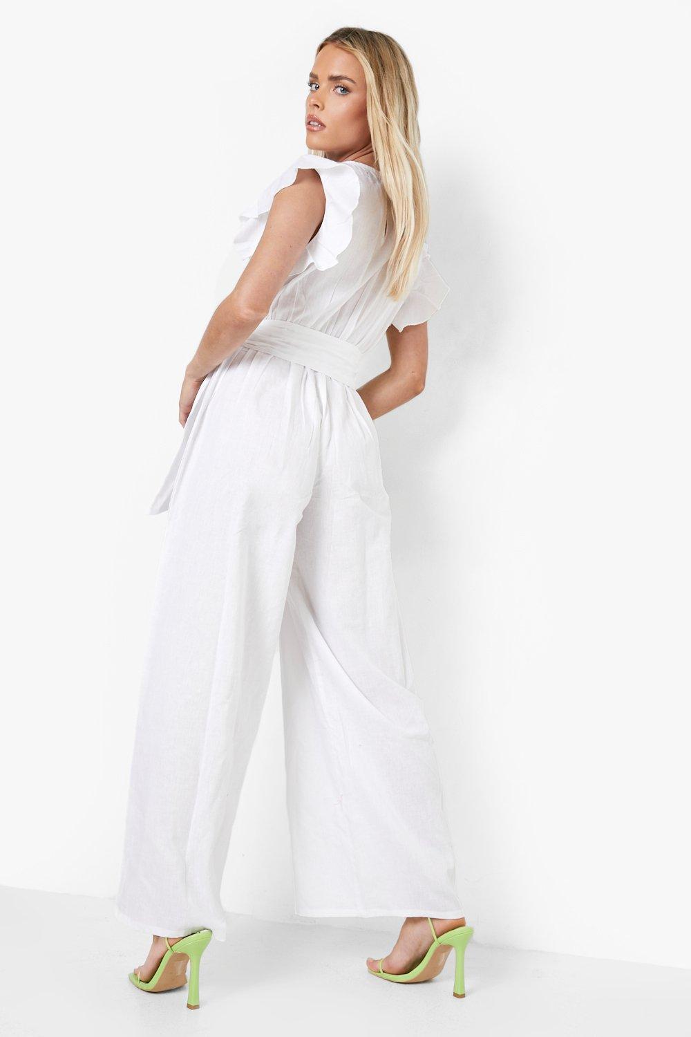 White ruffle best sale sleeve jumpsuit