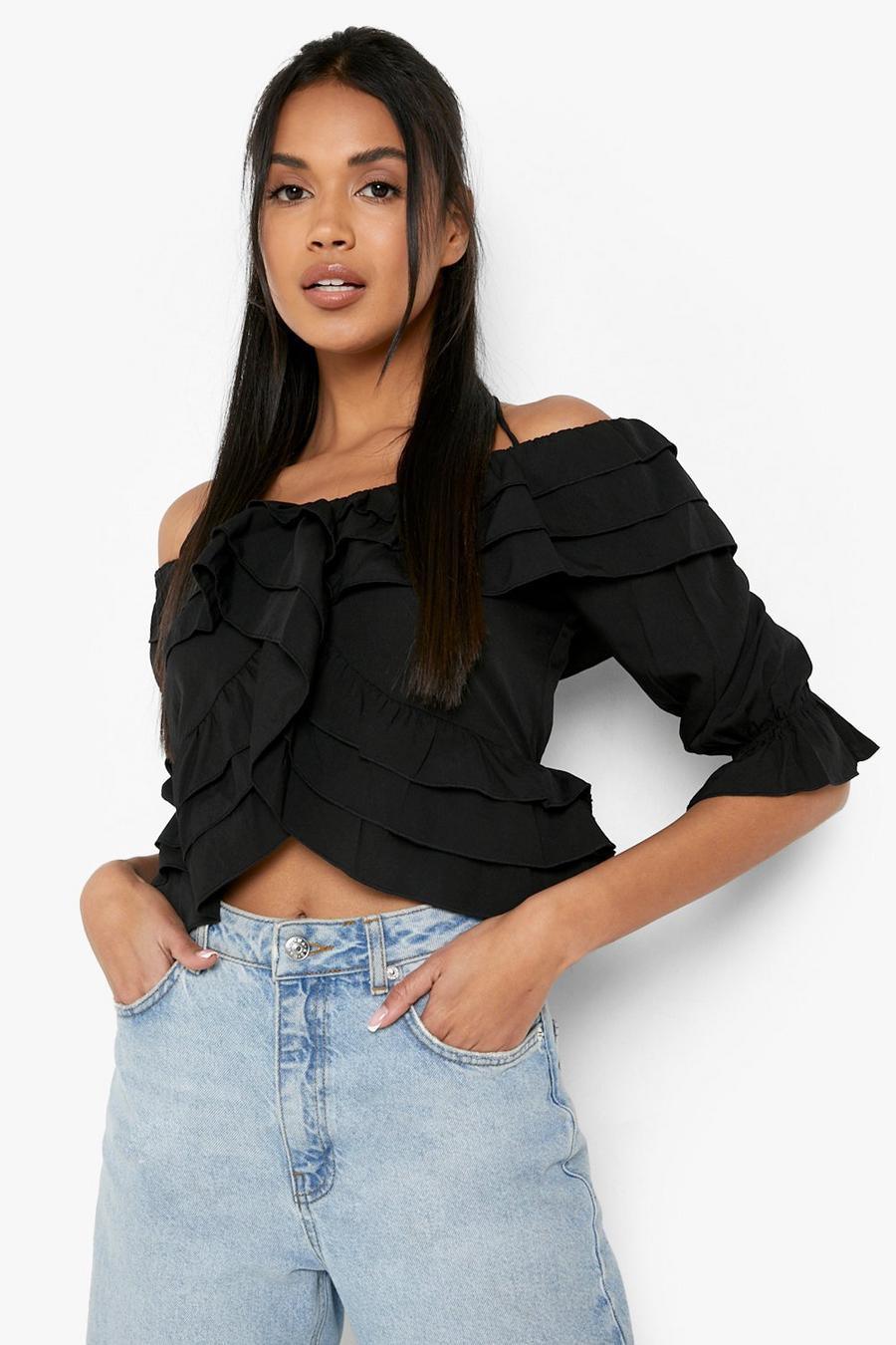 Black Woven Frill Detail Top 