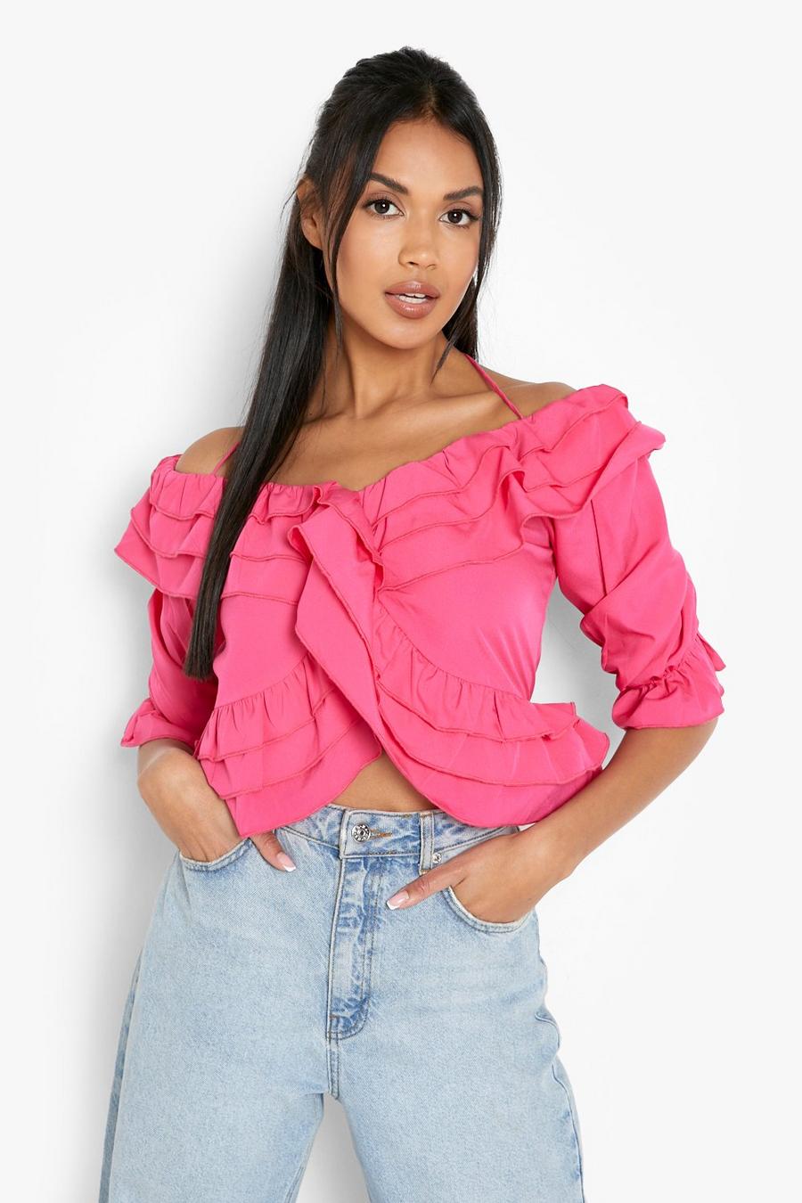 Bright pink rosa Woven Frill Detail Top  image number 1