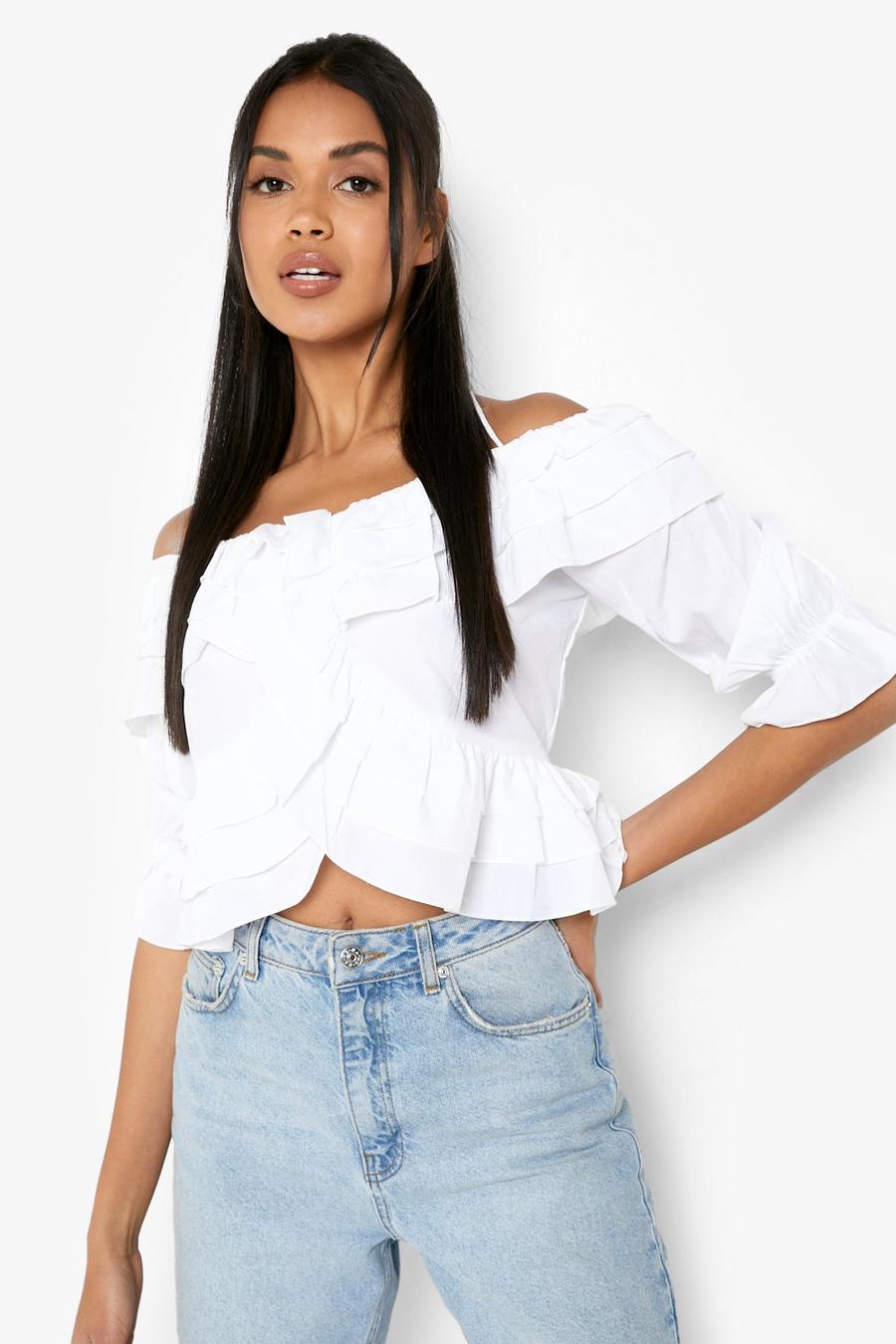 Ivory bianco Woven Frill Detail Top 