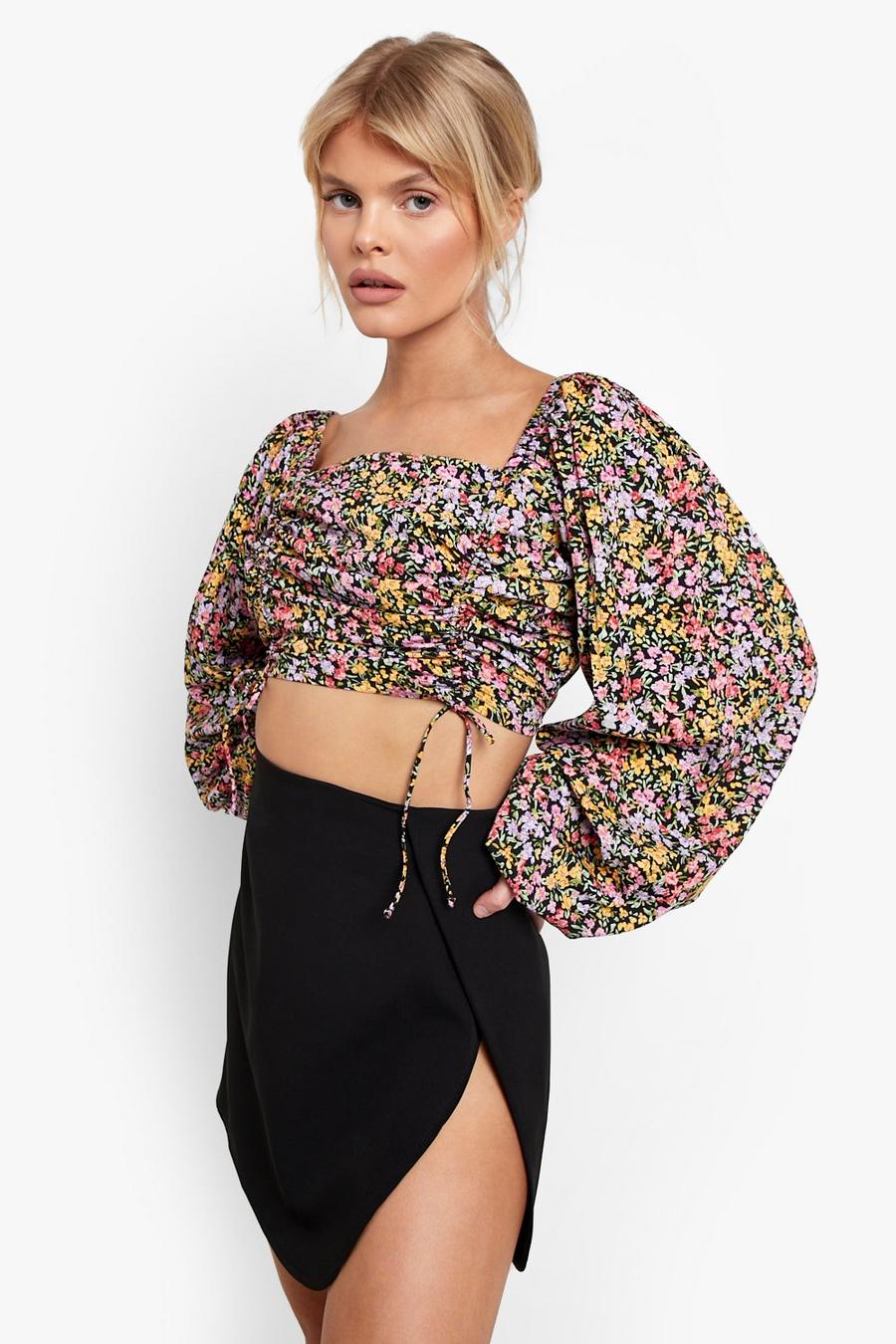 Black Ditsy Floral Ruched Front Long Sleeve Top image number 1