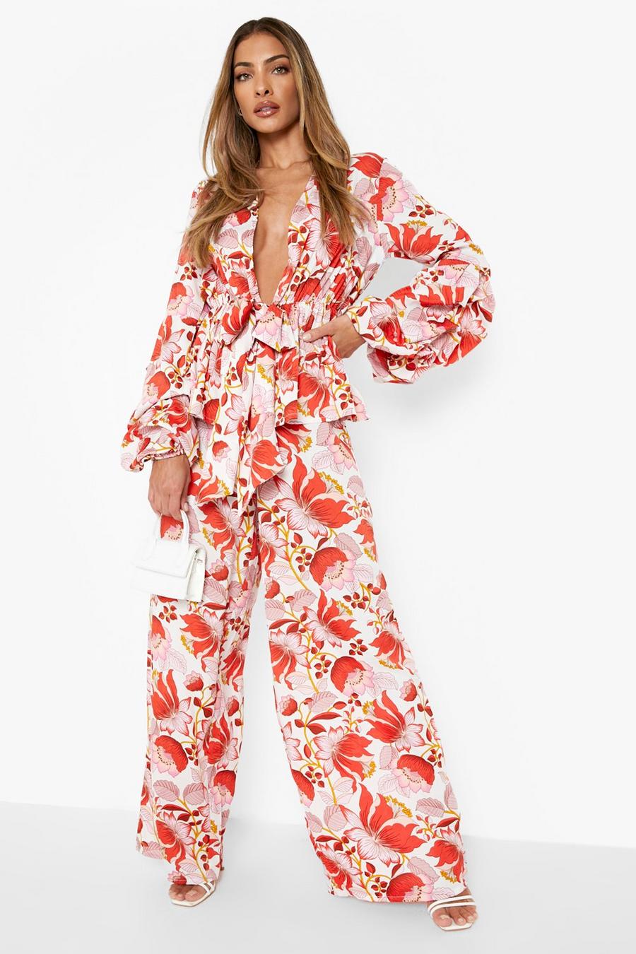 Floral Peplum Top & Wide Leg Trousers | boohoo