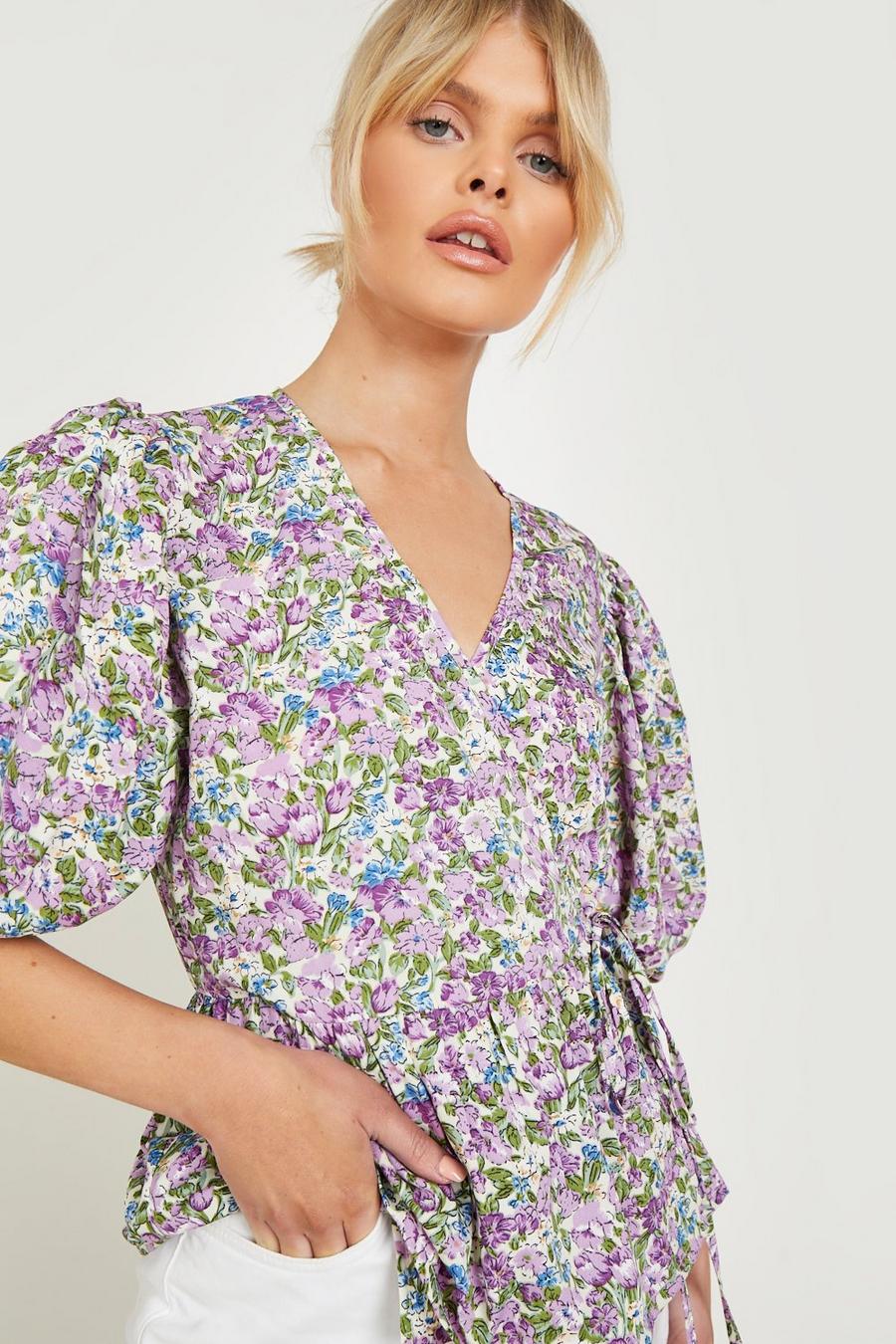 Lilac Puff Sleeve Wrap Smock Top  image number 1
