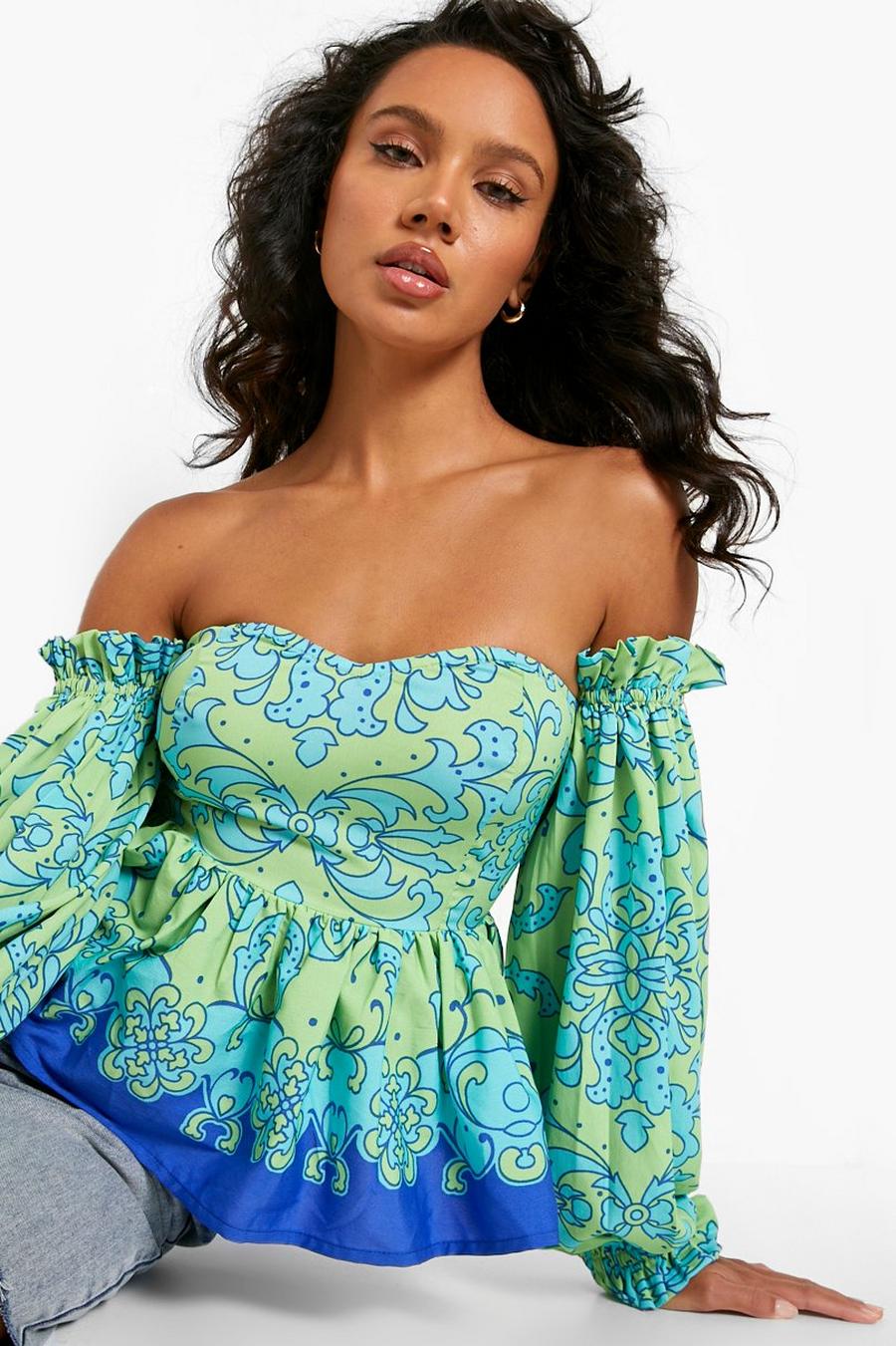 Green Woven Printed Off The Shoulder Peplum Blouse image number 1