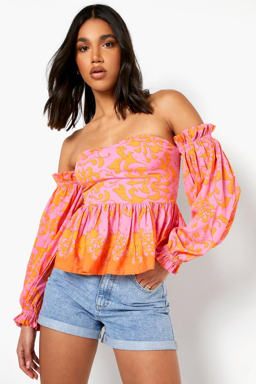 Pink Woven Printed Off The Shoulder Peplum Blouse image number 1
