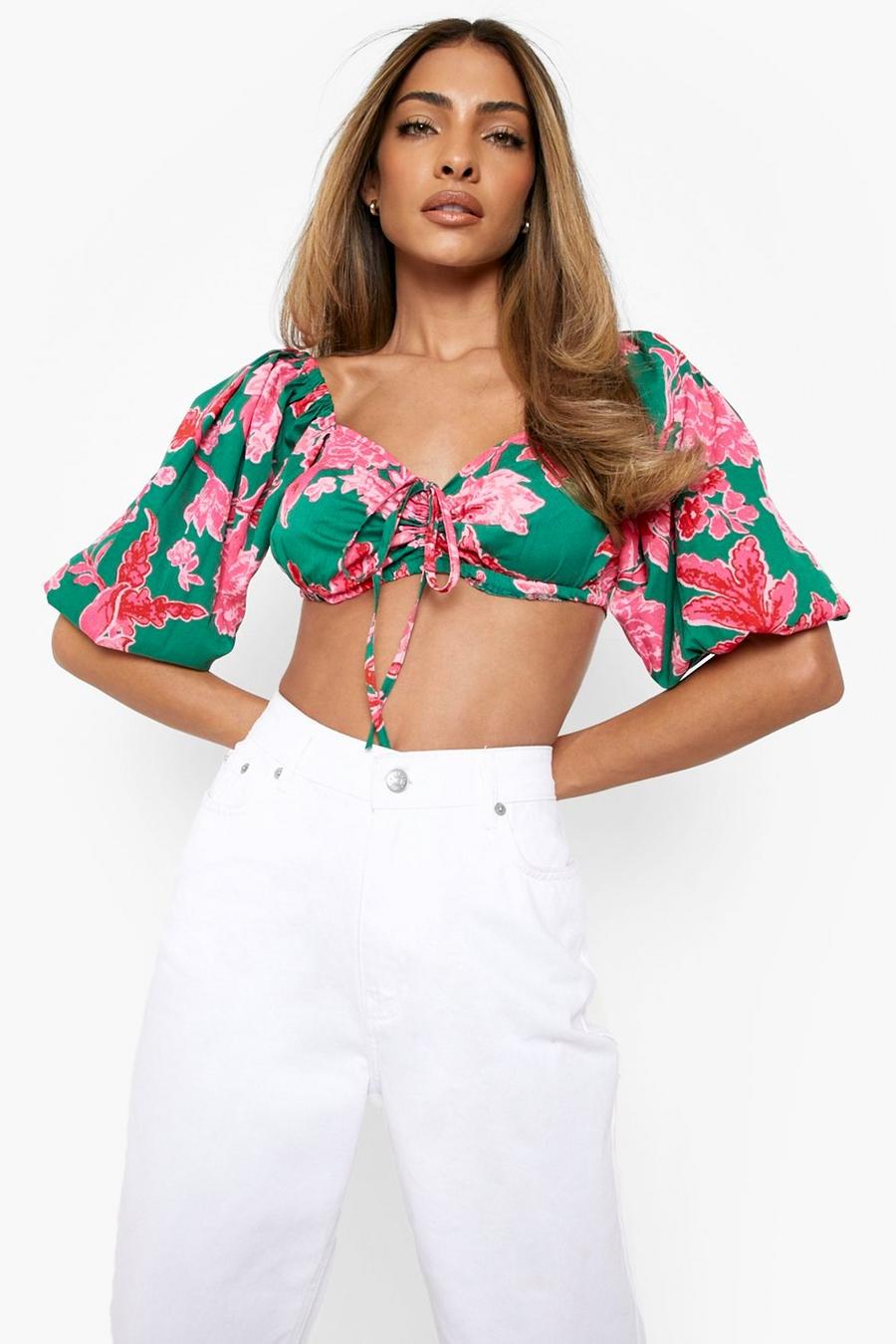 Pink Puff Sleeve Ruched Front Crop Top image number 1