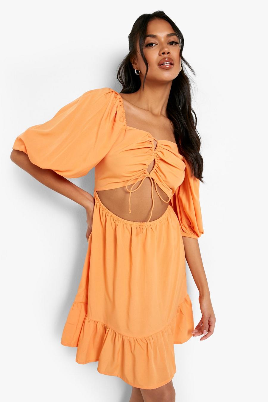 Orange Puff Sleeve Cut Out Mini Dress image number 1
