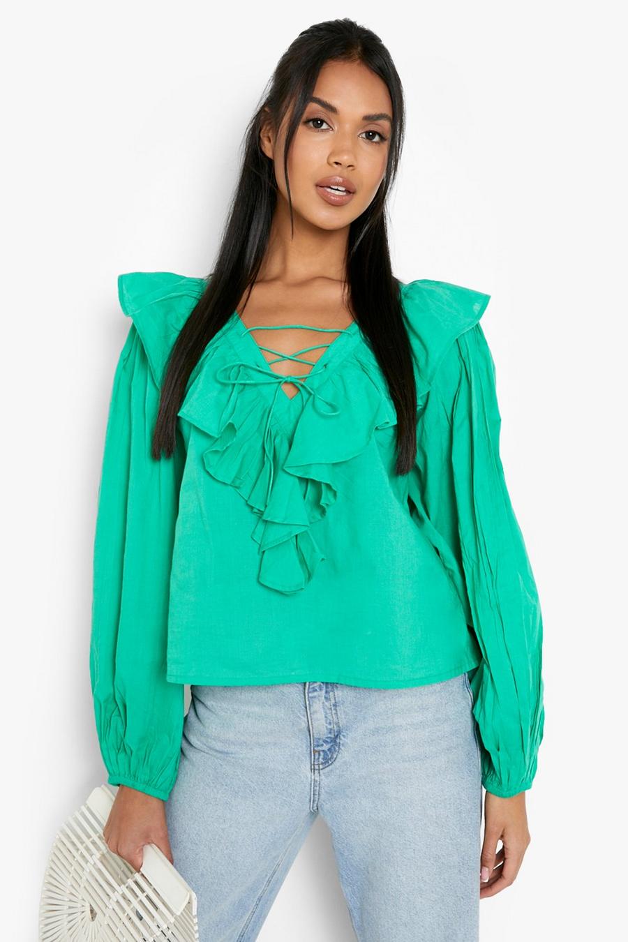 Bright green Woven Frill Tie Front Blouse 