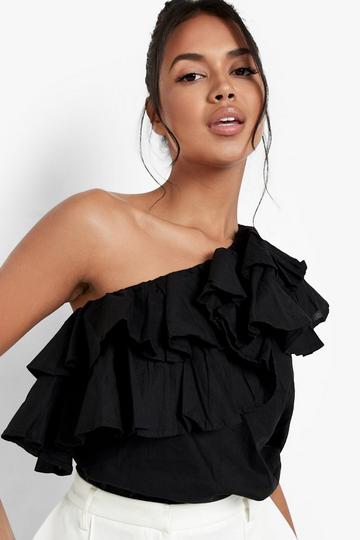 Woven Frill One Shoulder Top black