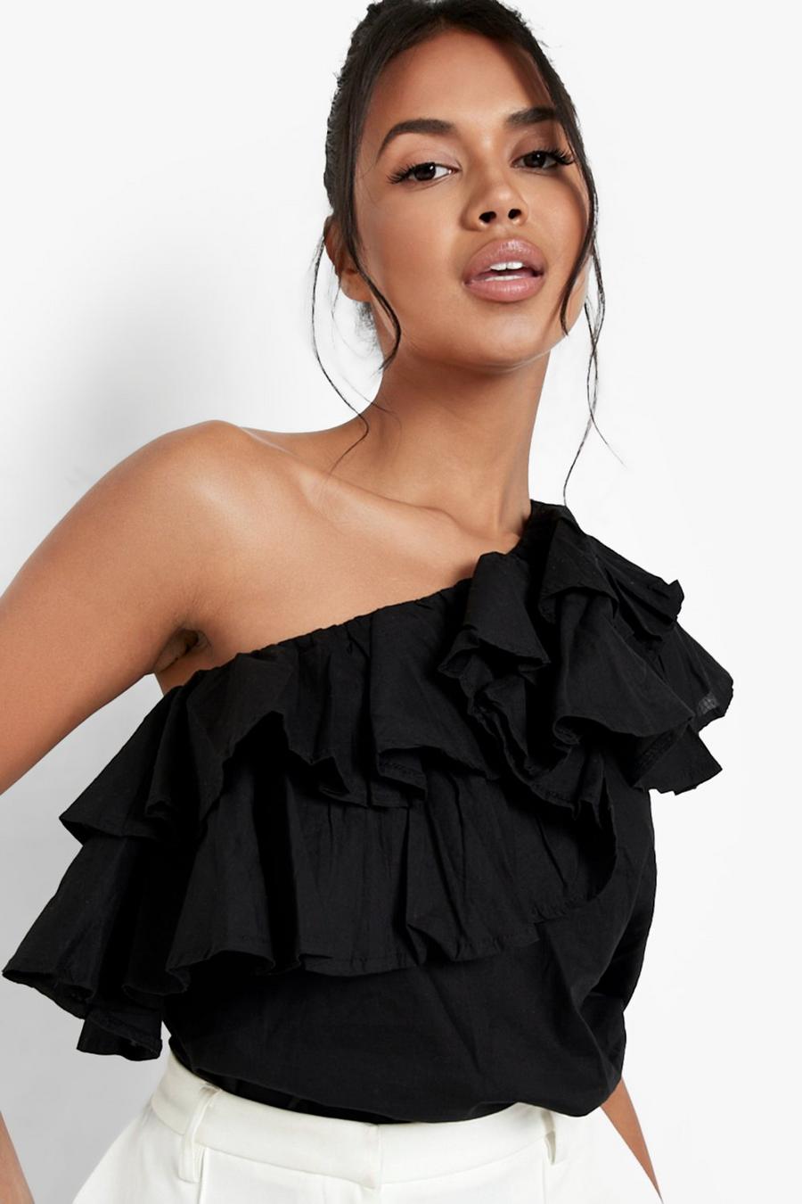 Black Woven Frill One Shoulder Top 