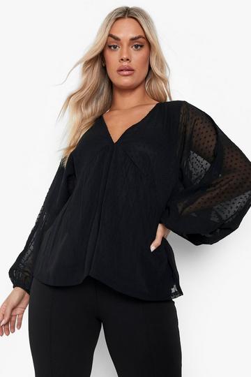 Plus Dobby Mesh Volume Sleeve Smock Top black