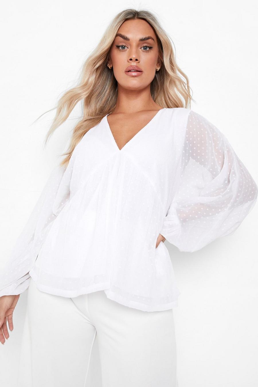 Ivory Plus Dobby Mesh Puff Sleeve Smock Top image number 1