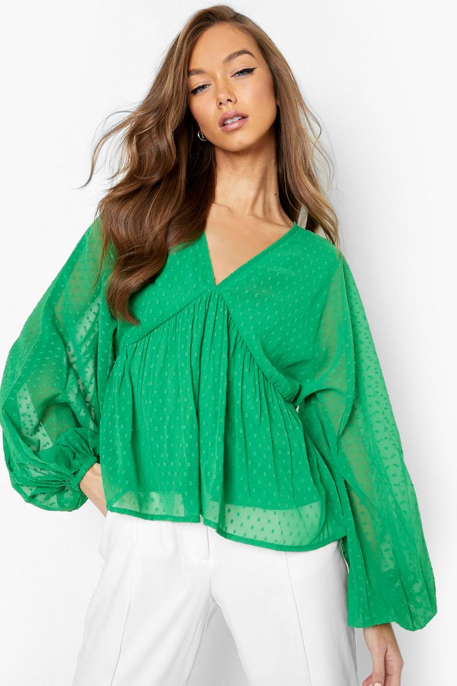 Bright green Dobby Mesh Volume Sleeve Smock Top image number 1