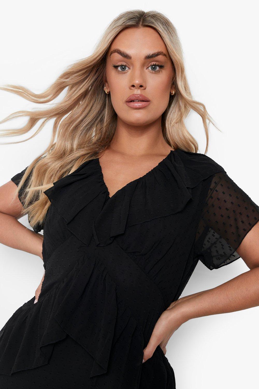 Plus Dobby Mesh Frill Detail Midi Dress boohoo