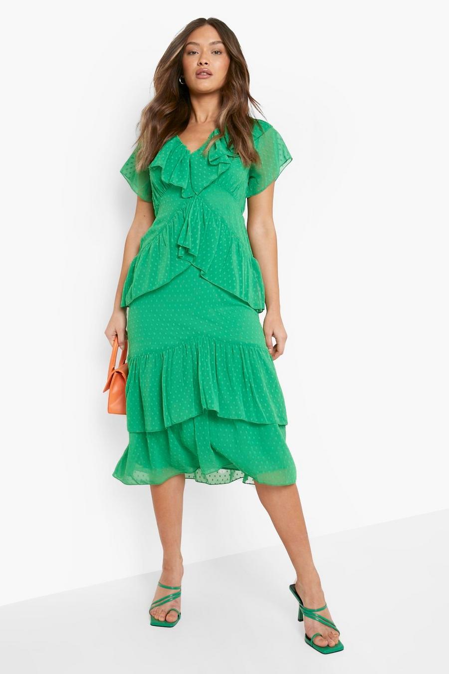 Bright green Dobby Mesh Frill Detail Midi Dress