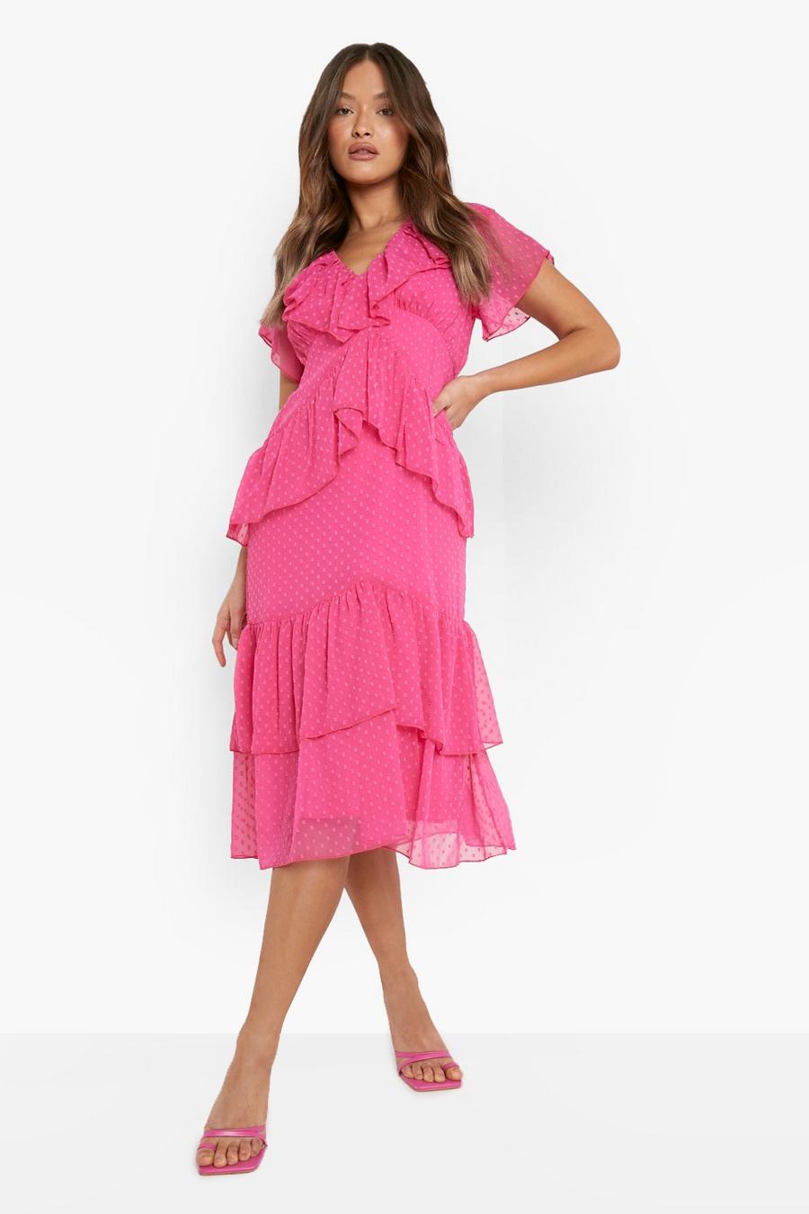 Bright pink Dobby Mesh Frill Detail Midi Dress image number 1