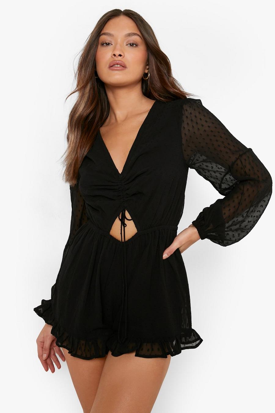 Black Dobby Mesh Ruched Front Playsuit image number 1