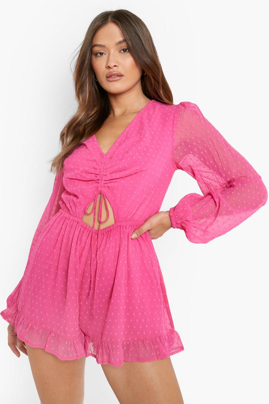 Bright pink Dobby Mesh Ruched Front Romper image number 1