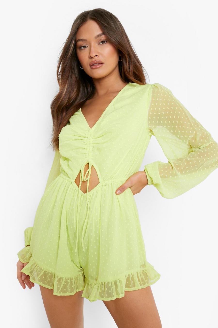 Lime Dobby Mesh Ruched Front Playsuit image number 1