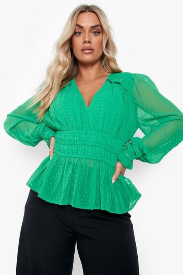 Plus Dobby Mesh Puff Sleeve Blouse bright green