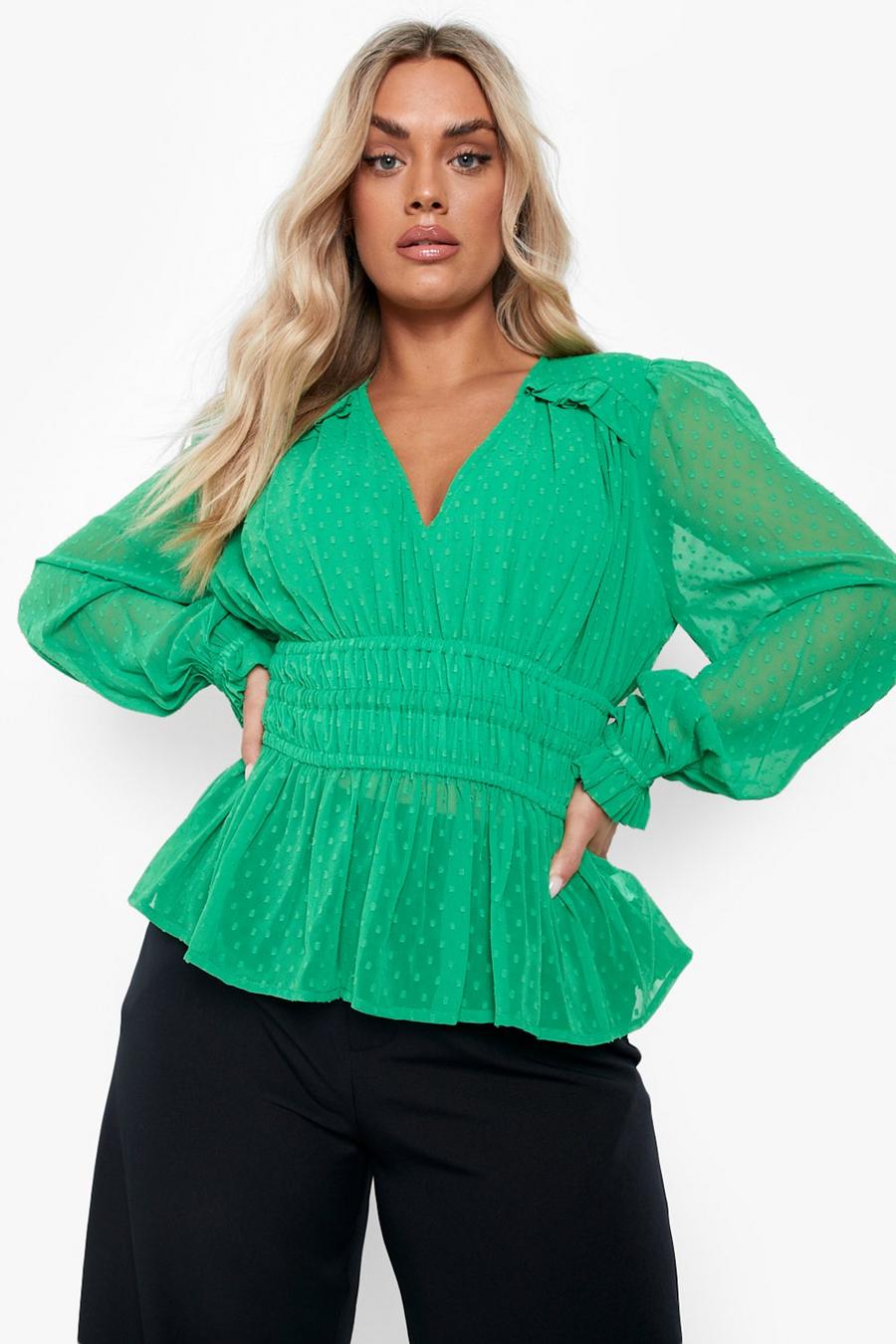 Bright green Plus Dobby Mesh Blouse Met Volle Mouwen image number 1