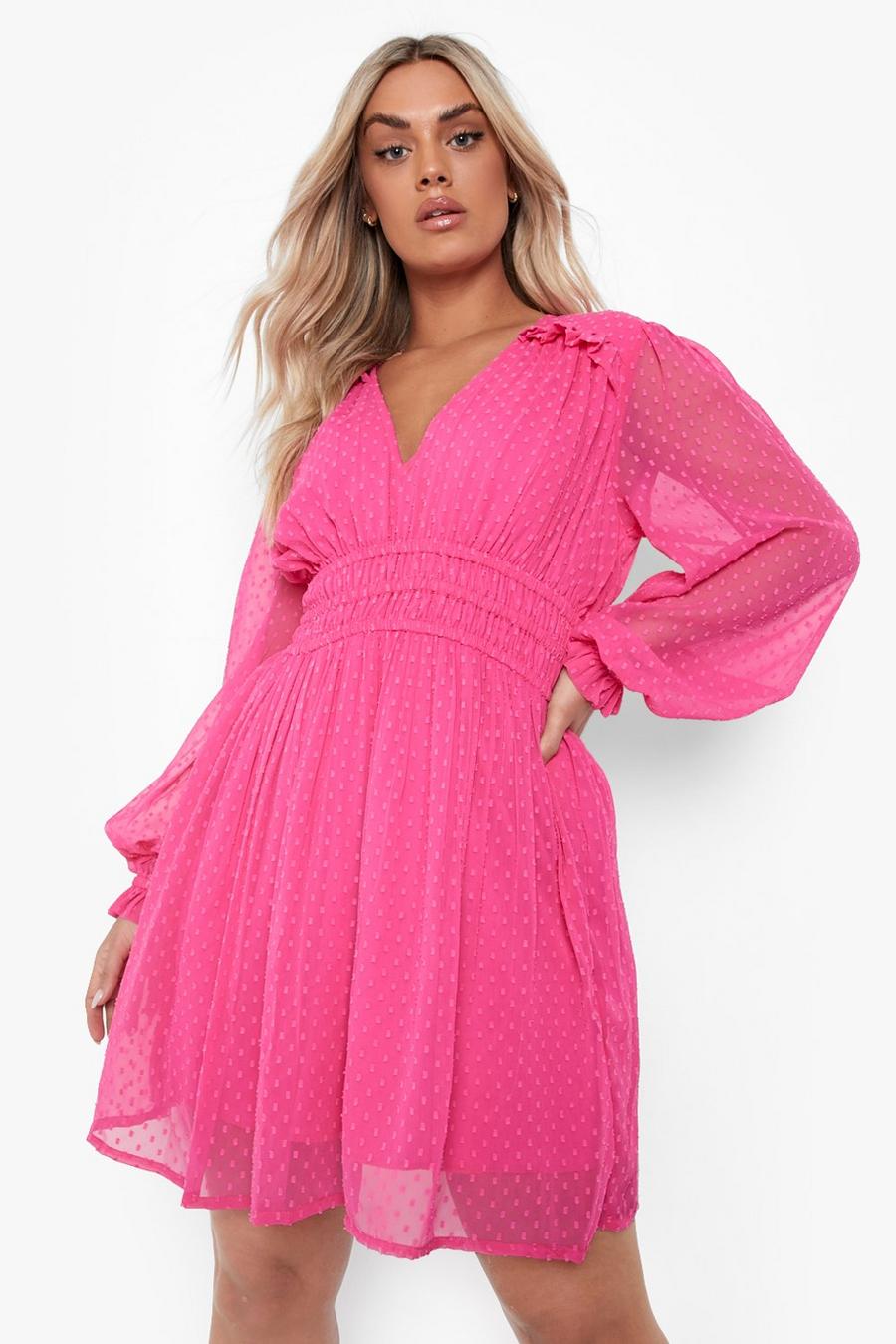 Bright pink Plus Dobby Long Sleeve Skater Dress image number 1