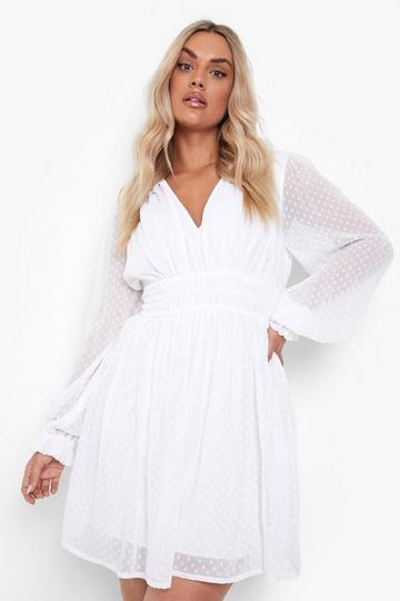 Plus Dobby Long Sleeve Skater Dress ivory