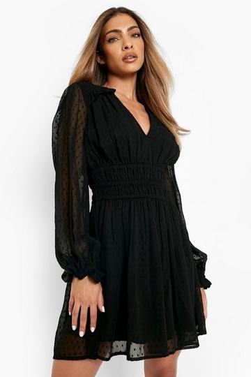 Dobby Mesh Long Sleeve Mini Dress black