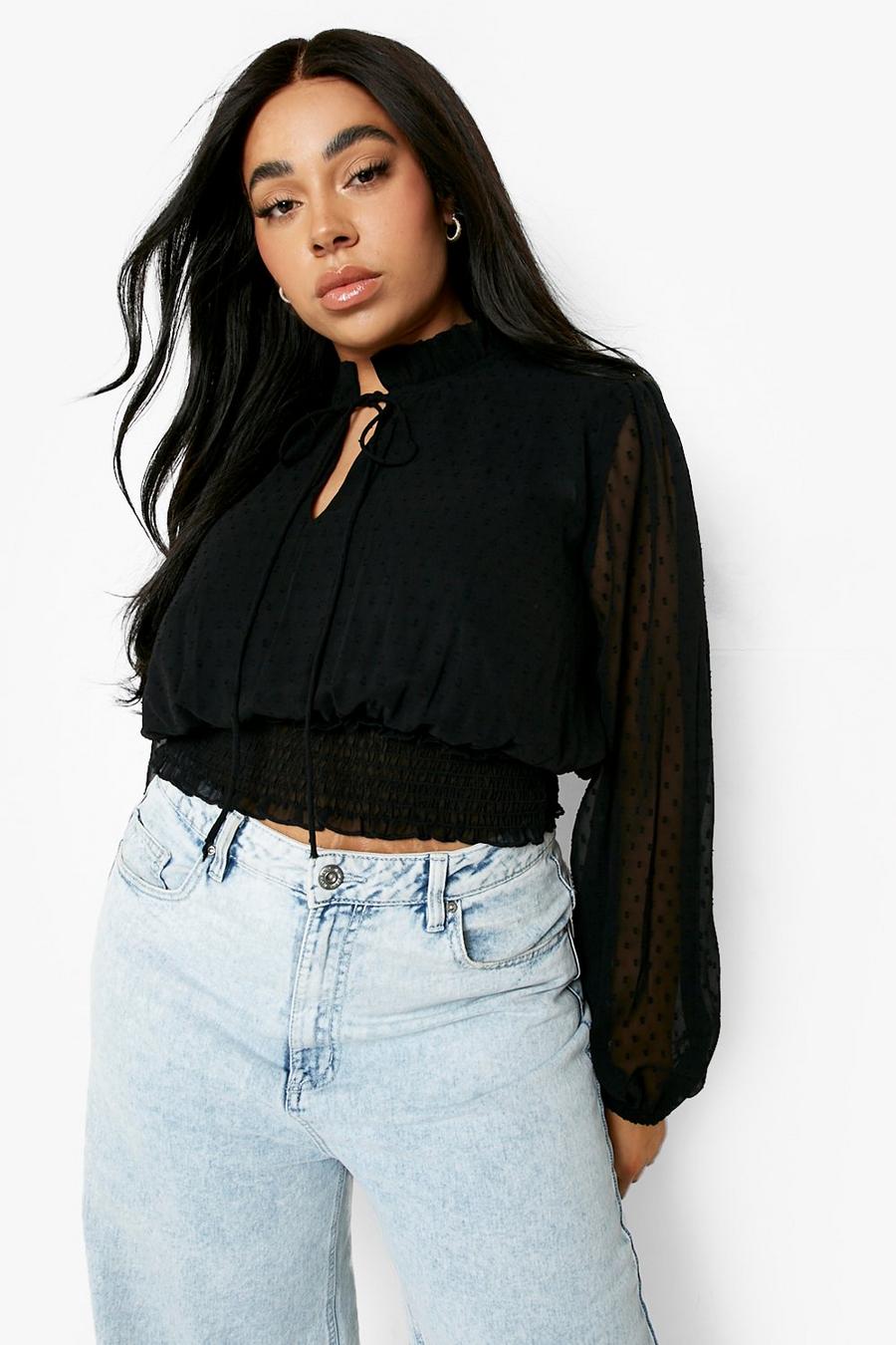 Black Plus Dobby Mesh Tie Front Blouse image number 1