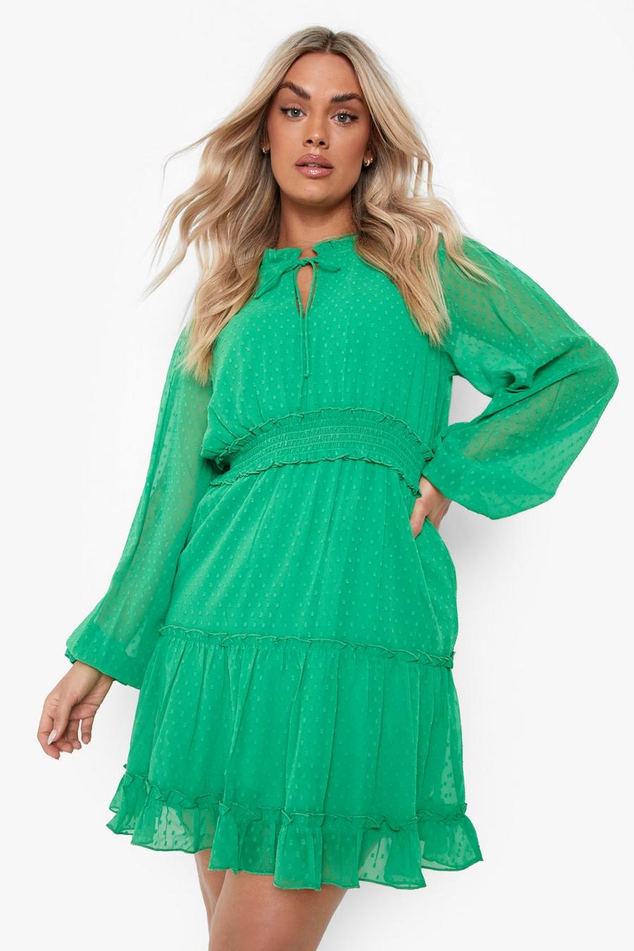 Bright green Plus Dobby Mesh Tie Detail Mini Dress image number 1