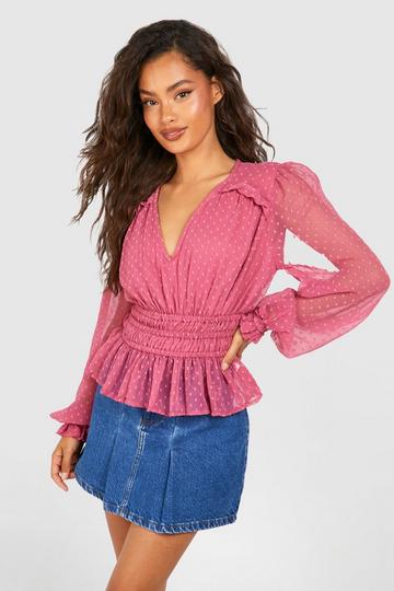 Dobby Mesh Long Sleeve Blouse mauve