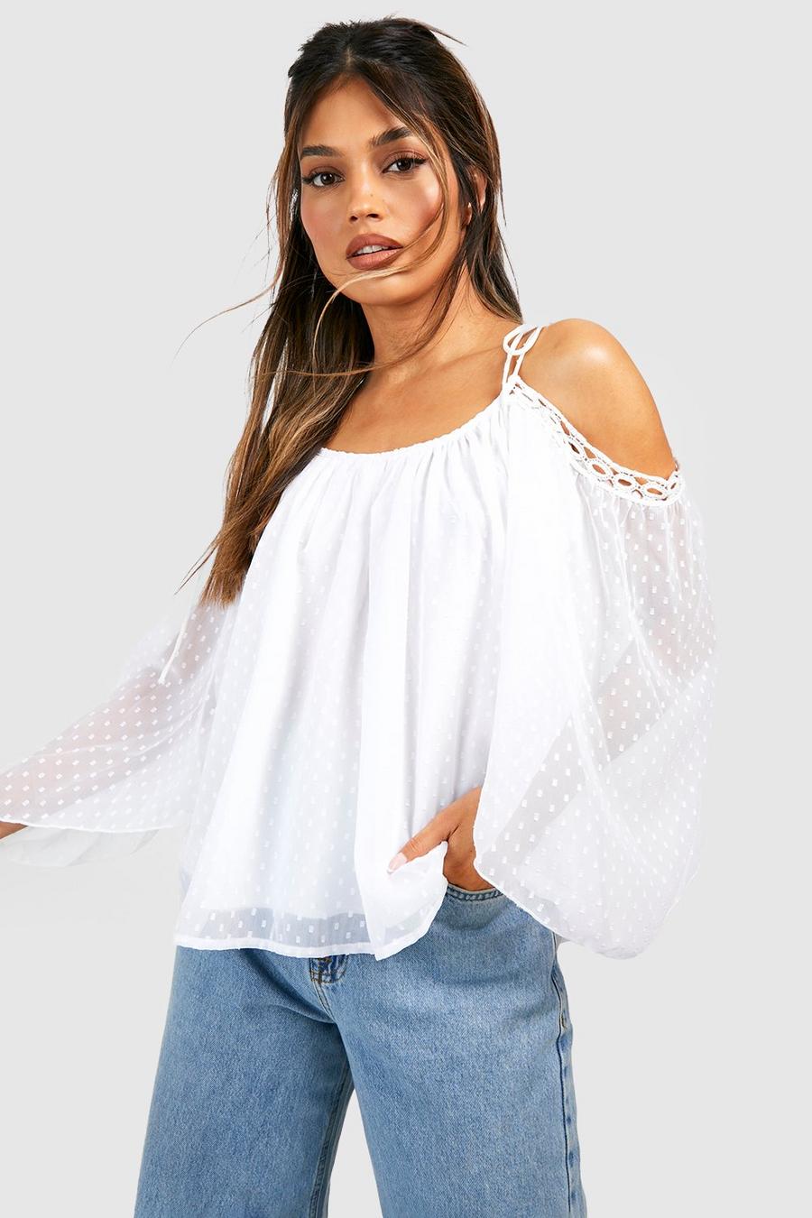 White Dobby Mesh Dropped Shoulder Top  image number 1
