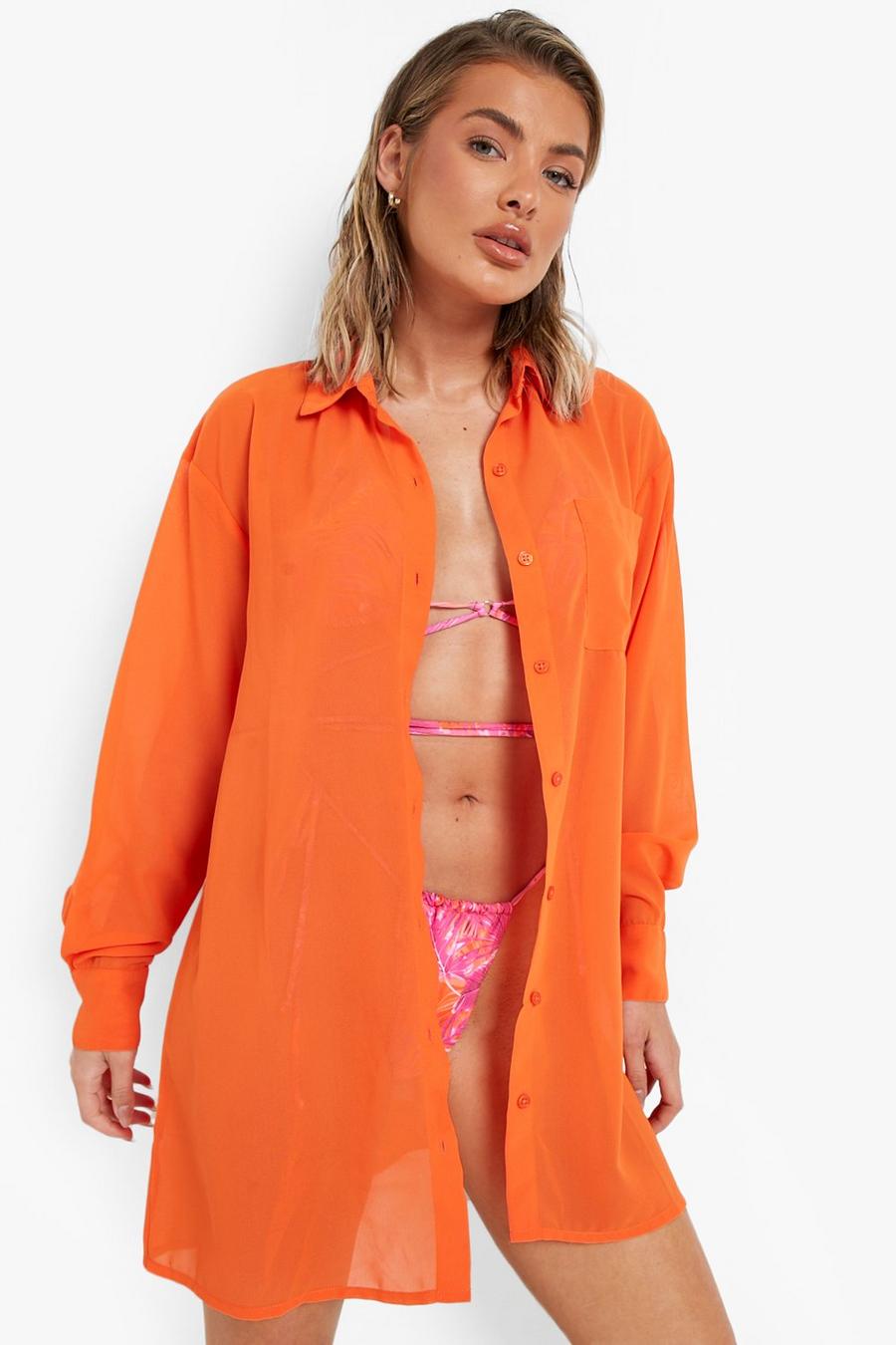 Orange Chiffon Beach Shirt Dress  image number 1