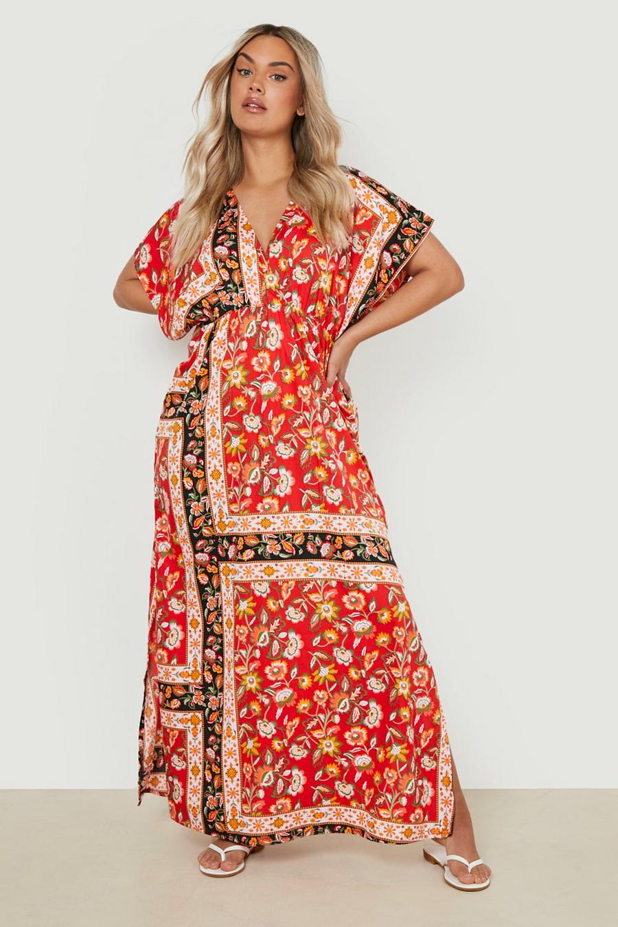 Red Plus Contrast Paisley Angel Sleeve Maxi Dress image number 1