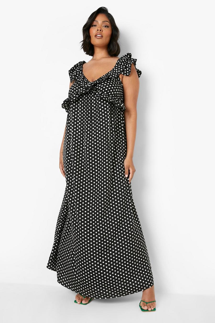 Black Plus Polka Dot Ruffle Strap Maxi Dress image number 1