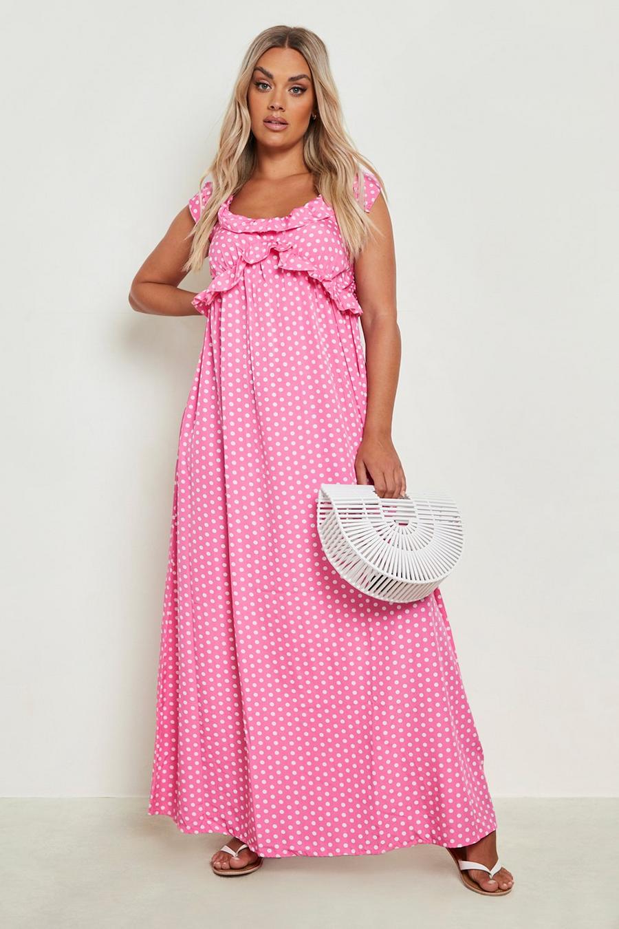 Pink Plus Polka Dot Ruffle Strap Maxi Dress image number 1