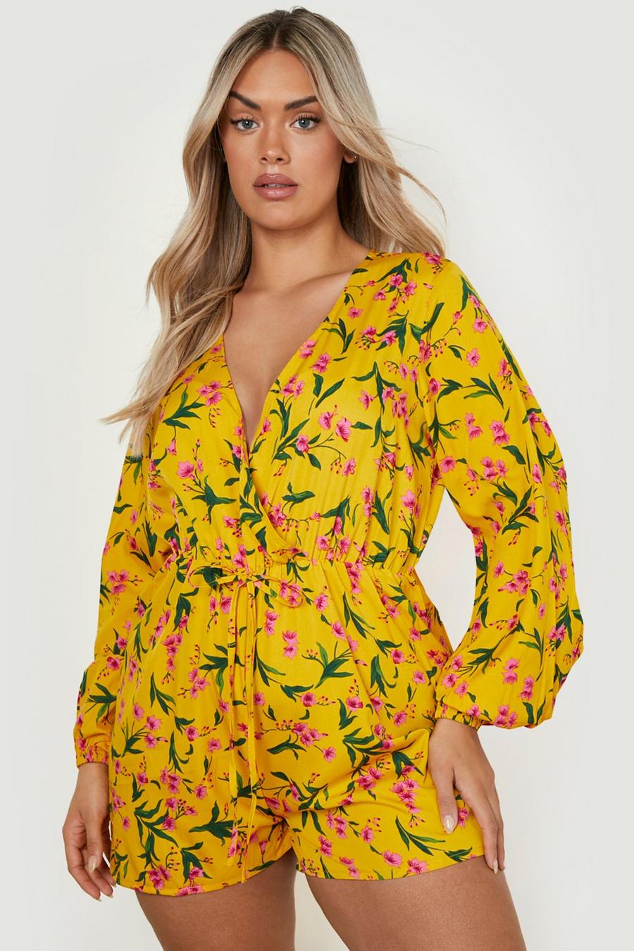 Yellow Plus Floral Plunge Tie Waist Playsuit  image number 1