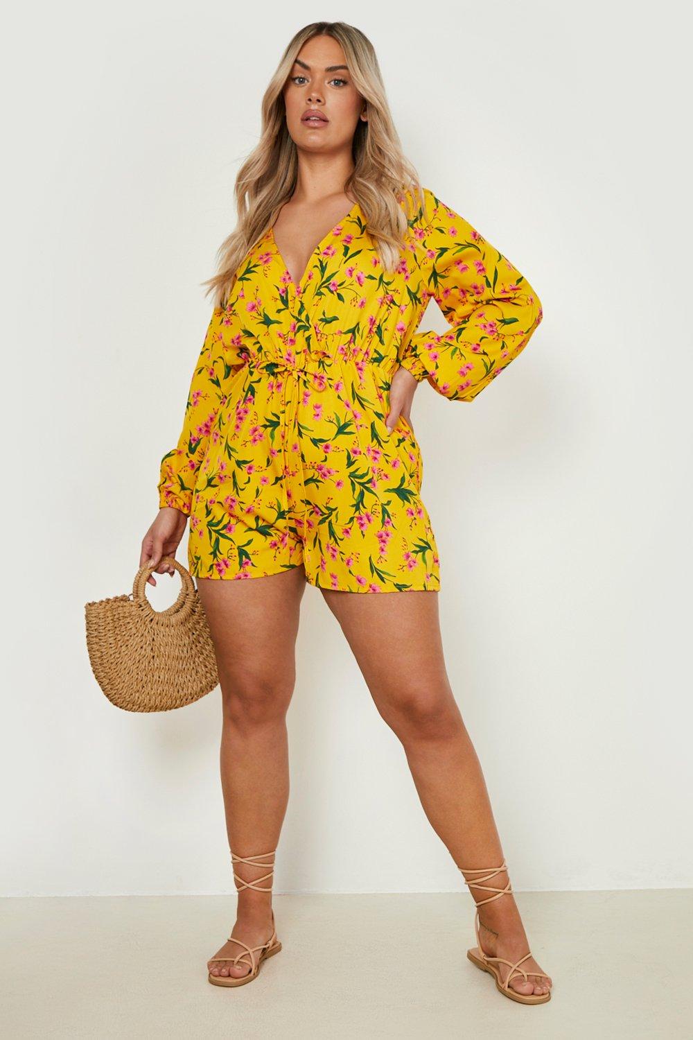 Plus Floral Plunge Tie Waist Playsuit boohoo