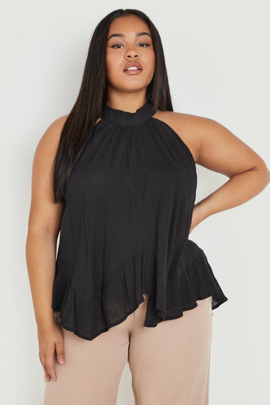 Black Plus Cheesecloth Halter Neck Frill Swing Top image number 1