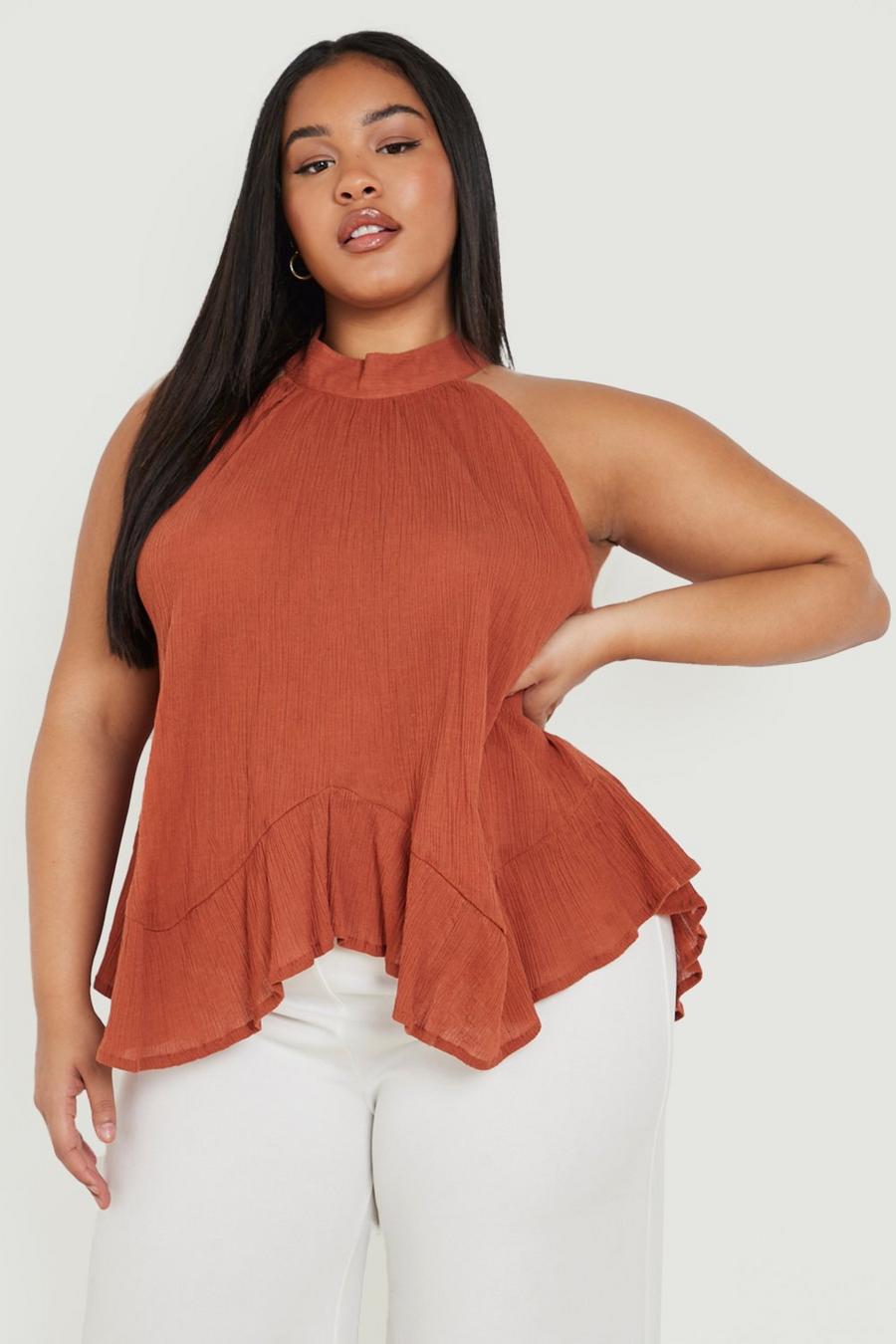 Tan brown Plus Cheesecloth Halter Neck Frill Swing Top