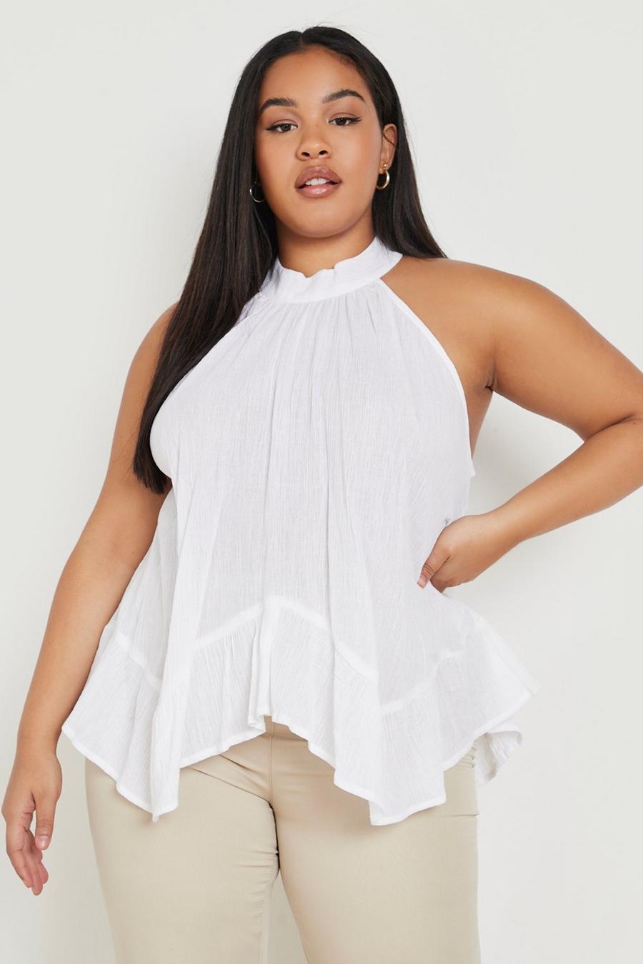 White Plus Cheesecloth Halter Neck Frill Swing Top